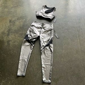 New shiny silver workout set top sz S pant s sz M
